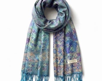 Blue and green Pashmina Scarf nature scarf festival scarf scarves1938 wedding gift hippie accessories bohemian scarf vegan rave scarfs
