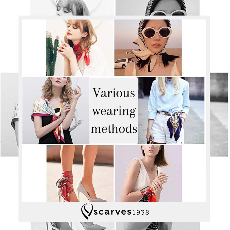 May include: A collage of images showing different ways to wear a silk scarf. The text "Various wearing methods" is in the center of the collage. The images show a woman wearing a red scarf around her neck, a woman wearing a white and black scarf as a headband, a woman wearing a colorful scarf tied around her waist, a woman wearing a red scarf tied around her wrist, and a woman wearing a red scarf tied around her ankle.