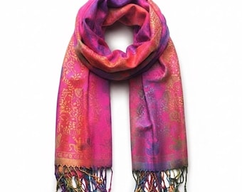 Fuchsia Rainbow Elephant Pashmina | Vibrant Bohemian Festival Shawl | Colorful Boho Wrap | Hippie Style Stole | Exclusive Handmade gift