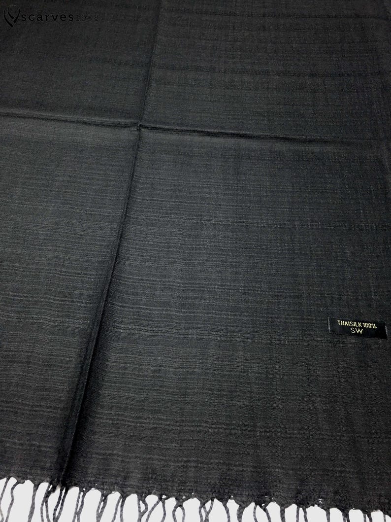 Handwoven Raw Thai Silk Scarf, Black Elegant Foulard, Soft Touch Unisex Accessory image 2