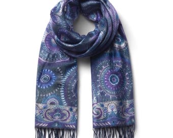 Blue & Purple Mandala Pashmina | Bohemian Festival Shawl | Unisex Hippie Circle Print Wrap | Warm Ethnic Style Fashion Scarf