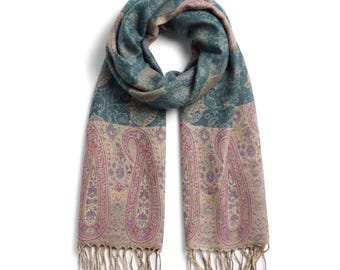 Green and Pink Paisley Pashmina Scarf | Reversible Bohemian Shawl | Festival Floral Wrap | Long Boho Stole | Unique Handmade Gift for Her