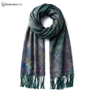 Écharpe pashmina à motifs cachemire verts et violets | Châle festival sauge et prune | Étole bohème rave | Étole style hippie | Cadeau unique pour elle