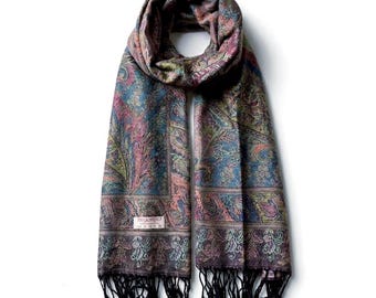 Elegant Blue and Teal Paisley Pashmina Scarf | Woven Bohemian Shawl | Floral Winter Wrap | Bridesmaid Gift for Her | Vintage Style Stole
