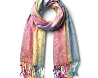 Colorful Paisley Pashmina | Reversible Bohemian Shawl | Boho Tribal Festival Wrap | Unisex Hippie Style Fashion Accessory