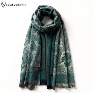 Bufanda reversible de lana verde y gris / Chal estilo boho con estampado paisley / Estola unisex suave de invierno / Accesorio hippie para festivales / Regalo único