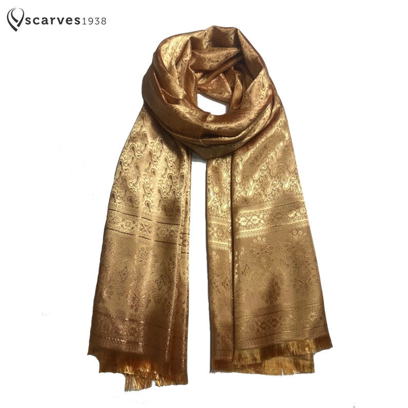 Gold Silk Scarf,Gift for her,shawl,festival scarf,scarves1938,paisley scarf,boho,hippie,bohemian scarf,gypsy,accessory moda,bridesmaid scarf zdjęcie 10