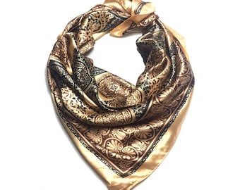 Foulard géométrique soyeux doré Foulard carré Foulard vintage foulard femme accessoire bandana foulard en satin foulard foulard Wraps de cheveux