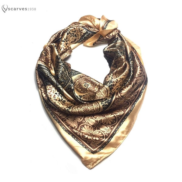 Gold Silky Geometric Scarf Square scarf Wrap headscarf Vintage Head Scarf woman accessory bandana satin scarf foulard neckerchief Hair Wraps