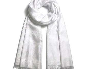 Bufanda de seda blanca / Chal reversible con estampado paisley / Estola larga estilo boho / Chal unisex hecho a mano / Elegante regalo de novia para ella