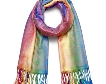 Rainbow Elephant Pashmina Scarf | Vibrant Bohemian Festival Shawl | Warm Unisex Boho Wrap | Hippie Style Stole | Artisan-Made Present