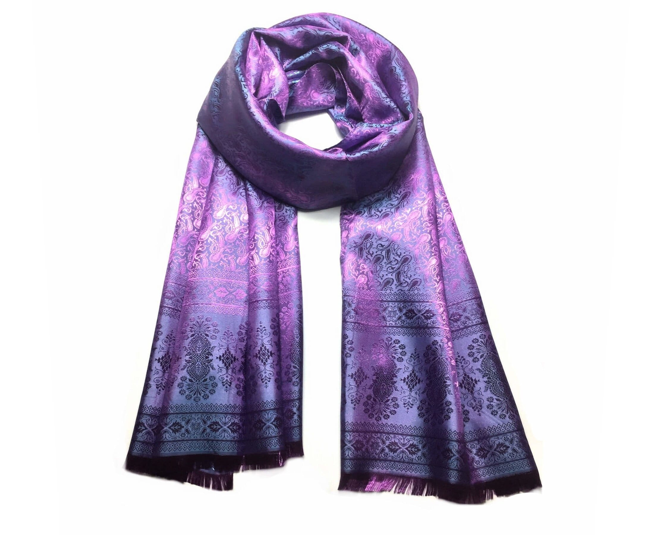 Maroon and Lilac Paisley Print Silk Scarf