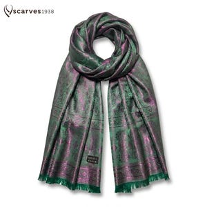 Green & Magenta Silk Scarf | Paisley Pattern Shawl | Shiny Bohemian Festival Wrap | Unisex Gypsy Style Fashion Accessory