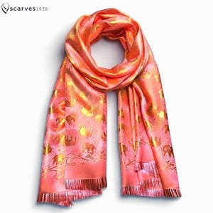 Bufanda de seda naranja con estampado de elefante / Chal bohemio versátil / Accesorio de moda estilo gitano / Regalo perfecto para ella / Moda para festivales