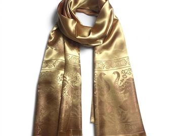 Bufanda de seda color oro oscuro con elefante / Chal y chal estilo bohemio / Accesorio para festivales / Regalo artesanal para amantes de los elefantes
