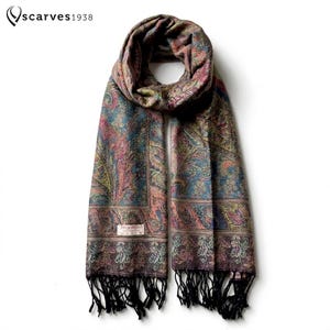 Elegant Blue and Teal Paisley Pashmina Scarf | Woven Bohemian Shawl | Floral Winter Wrap | Bridesmaid Gift for Her | Vintage Style Stole