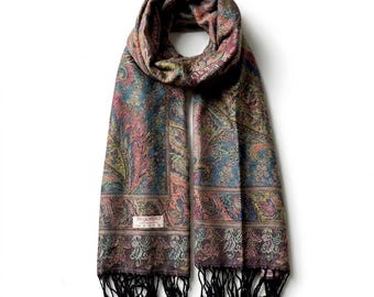Elegant Blue and Teal Paisley Pashmina Scarf | Woven Bohemian Shawl | Floral Winter Wrap | Bridesmaid Gift for Her | Vintage Style Stole