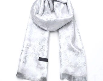 Elegante chal de seda blanco con estampado floral / Chal de seda tailandesa tejido a mano / Estola bohemia para bodas, fiestas y regalos / 72 x 28 pulgadas / Scarves1938