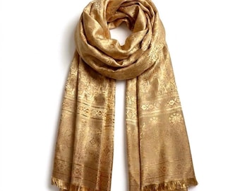Dunkel Gold Thai Seidenschal | Handgewebter Paisley Boho Schal | Elegantes Festival Wrap | Handmade Accessoire Geschenk für Sie