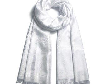 White Silk Scarf | Reversible Paisley Shawl | Long Bohemian Wrap | Unisex Handmade Stole | Elegant Bridal Gift for Her