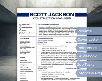 May include: A blue and white resume template with the name "Scott Jackson" and the title "Construction Manager". The resume includes sections for professional summary, education, work experience, and skills.