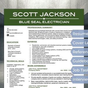 May include: A blue and green resume template with the name Scott Jackson and the title Blue Seal Electrician. The resume includes sections for professional summary, expertise, education, technical skills, and work experience.