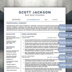 May include: A resume template with a blue and white color scheme. The template includes sections for professional summary, education, work experience, technical skills, resume, cover letter, references, guidebook, job tasks, and interview prep.