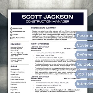 May include: A resume template with the name "SCOTT JACKSON" and the title "CONSTRUCTION MANAGER" in a navy blue header. The resume includes sections for professional summary, work experience, education, and skills. Contact information is listed at the top.
