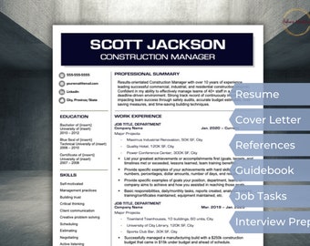 May include: A resume template with the name "SCOTT JACKSON" and the title "CONSTRUCTION MANAGER" in a navy blue header. The resume includes sections for professional summary, work experience, education, and skills. Contact information is listed at the top.