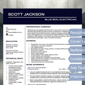 May include: A blue and white resume template with the name "Scott Jackson" and the title "Blue Seal Electrician" at the top. The resume includes sections for education, technical skills, professional summary, expertise, and work experience.