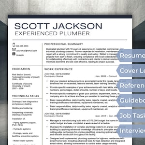 Puede incluir: Plantilla de currículum vitae para un fontanero experimentado, con información de contacto, educación, habilidades técnicas y experiencia laboral. El documento incluye un resumen profesional, tareas y preparación para la entrevista.