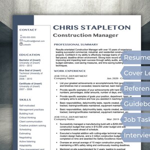 May include: A resume template for a Construction Manager, featuring a professional summary, work experience, and skills section. The document is in a formal layout with a blue and white color scheme, suitable for job applications and career advancement.