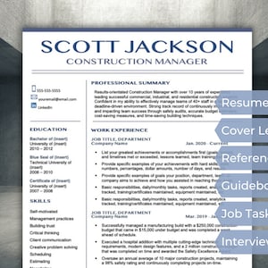 Pode incluir: Um modelo de currículo azul e branco com o nome "Scott Jackson" e o título "Gerente de Construção". O currículo inclui seções para resumo profissional, experiência profissional, educação e habilidades. O modelo também inclui uma lista de documentos comuns de busca de emprego, como uma carta de apresentação, referências, um guia, tarefas de trabalho e preparação para a entrevista.