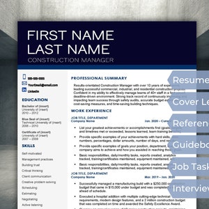 May include: A blue and white resume template with the text "FIRST NAME LAST NAME" in a large, bold font at the top. The resume is for a Construction Manager and includes sections for education, skills, professional summary, and work experience.