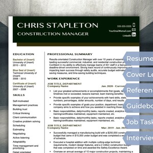 May include: A resume template with a dark green header and a light gray background. The header reads "Chris Stapleton, Construction Manager". The resume includes sections for education, professional summary, work experience, and skills. The resume also includes contact information for Chris Stapleton, including his phone number, email address, and LinkedIn profile.