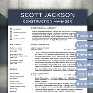 May include: A resume template with a dark blue background and white text. The resume is for a Construction Manager named Scott Jackson. The resume includes sections for education, work experience, skills, and a professional summary.