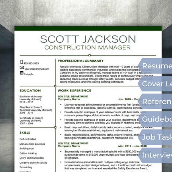 Construction Resume Combo - Trade Worker Resume - Professional Project Manager CV - Carpenter Apprentice Resume - Word and Pages Format