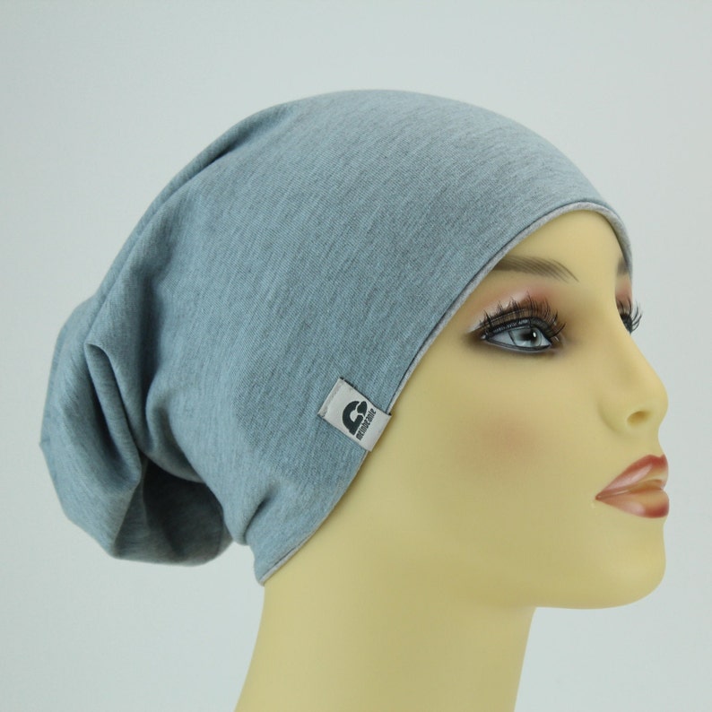 Chemo Mütze Beanie Damen Jersey doppellagig bequem handmade blaugrau Melange