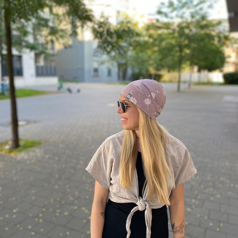 Chemo Mütze Beanie Damen Jersey doppellagig bequem handmade rosa Pusteblume