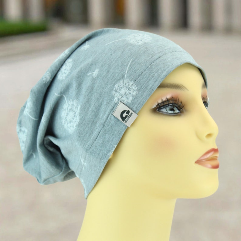 Summer beanie super light several colors cotton blend melange skin-friendly women pollutant-free leisure sports chemo handmade blaugrau Pusteblume