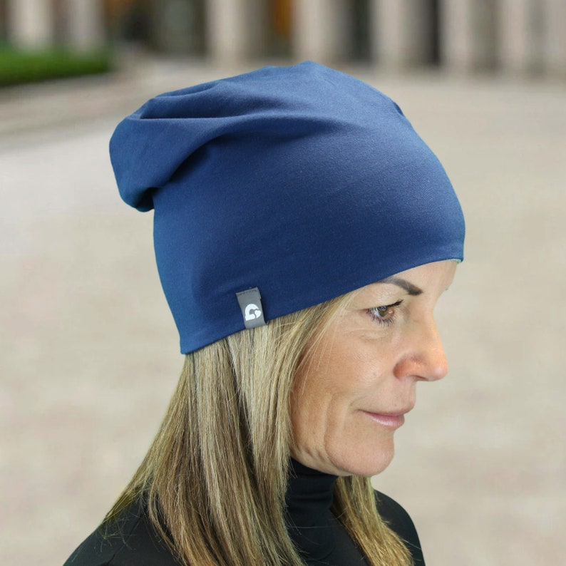 Chemo Mütze Beanie Damen Jersey doppellagig bequem handmade marine uni