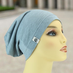 leichte einlagige bequeme Mütze Beanie für den Sommer handmade blaugrau Melange