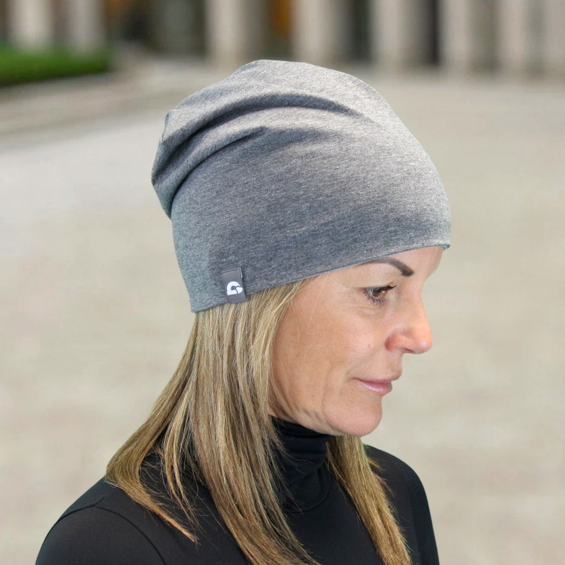 Reversible beanie women double-layered uni melange several colors cotton blend chemo hair replacement Ökotex pollutant-free handmade active dunkelgrau Melange