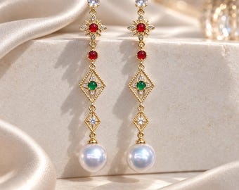 Pendientes de perlas naturales de agua dulce, pendientes barrocos de perlas estilo victoriano vintage, joyería renacentista de la corte real, pendientes llamativos