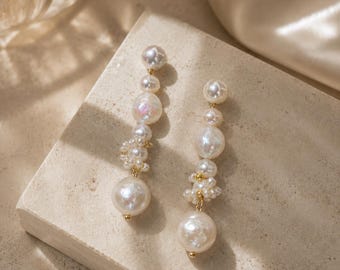Pendientes de aro de perlas naturales de agua dulce, estilo vintage francés, tejidos a mano, con postes de plata de ley 925.
