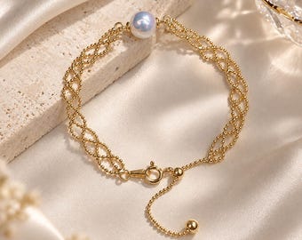 Pulsera de perlas barrocas naturales, pulsera de perlas de agua dulce con cadena de encaje, delicada pulsera nupcial, joyería de boda, regalo para damas de honor.