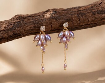 Pendientes de borla de perlas de agua dulce hechos a mano, joyería nupcial vintage francesa.