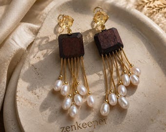 Pendientes colgantes vintage de perlas de agua dulce con borlas, hechos a mano, con postes de plata de ley 925.