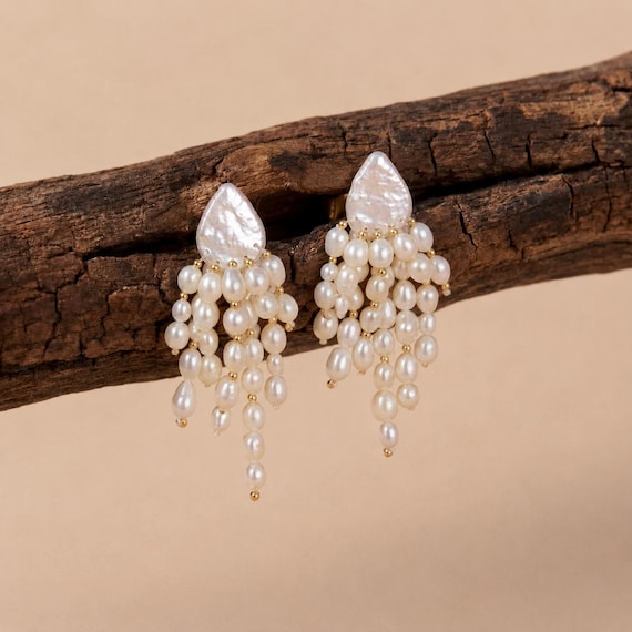 Handmade Waterdrop Pearl Tassel Earrings, 18K Gold Plated Sterling Silver Dangle Jewelry