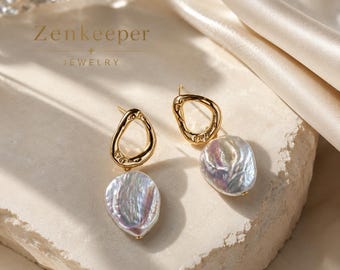 Pendientes de perlas barrocas naturales en forma de corazón, con cierre de botón de oro, estilo vintage francés.